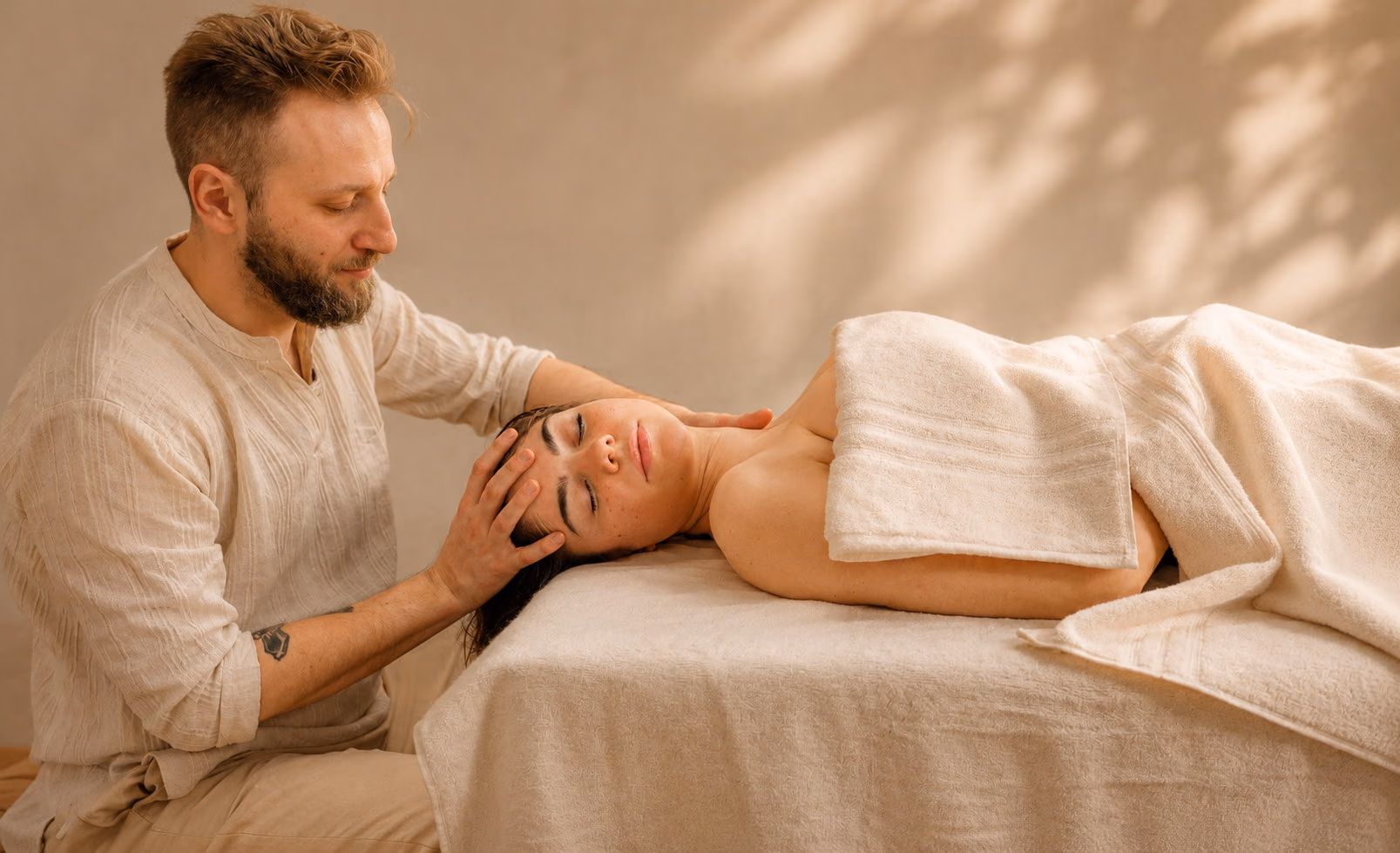 Sanfte Massage in stabiler Seitenlage mit Kissenunterstützung, warmes Tageslicht in der Praxis in Zürich.